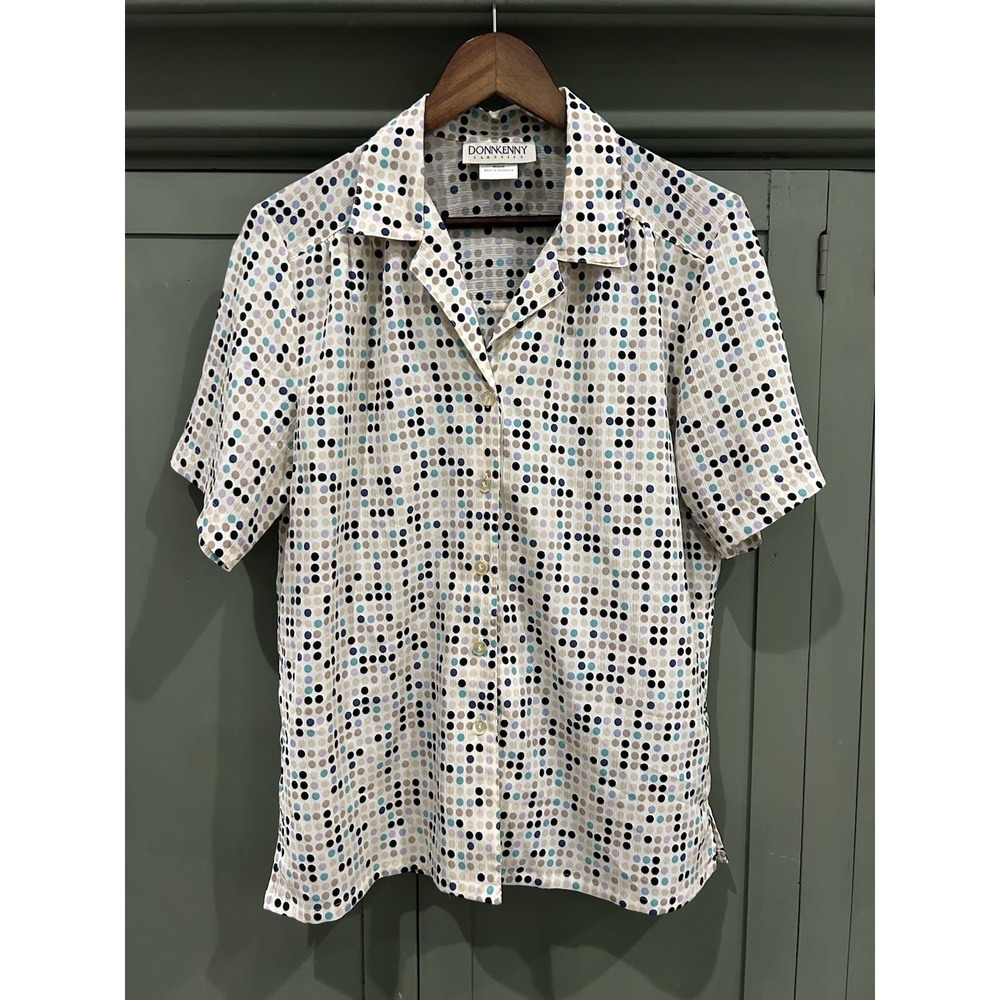 DonnKenny Womens Button Up Blouse Size M Polka Dot Short Sleeve Retro Boho Artsy